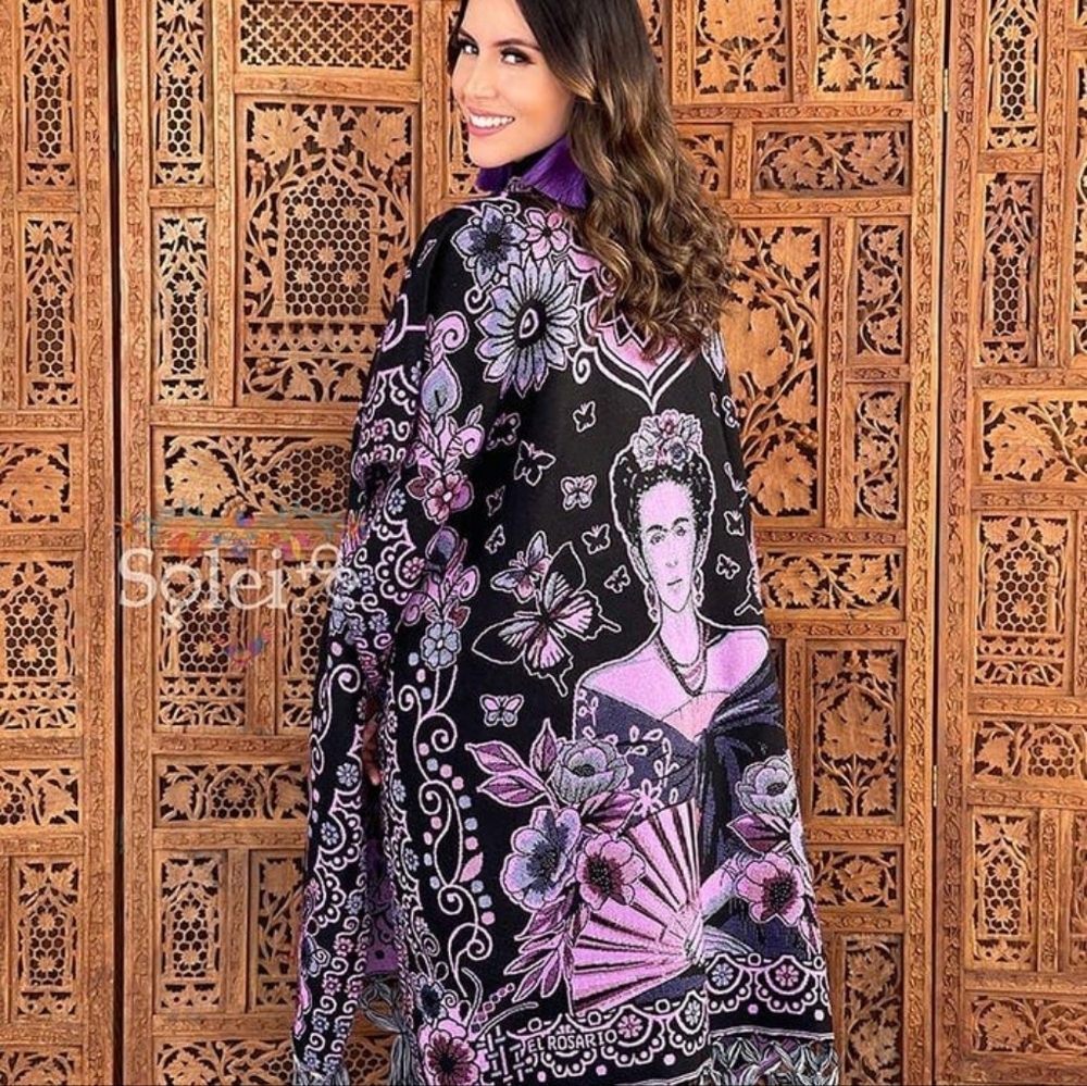 Black, Purple, Green, and Pink Frida Kahlo Poncho
